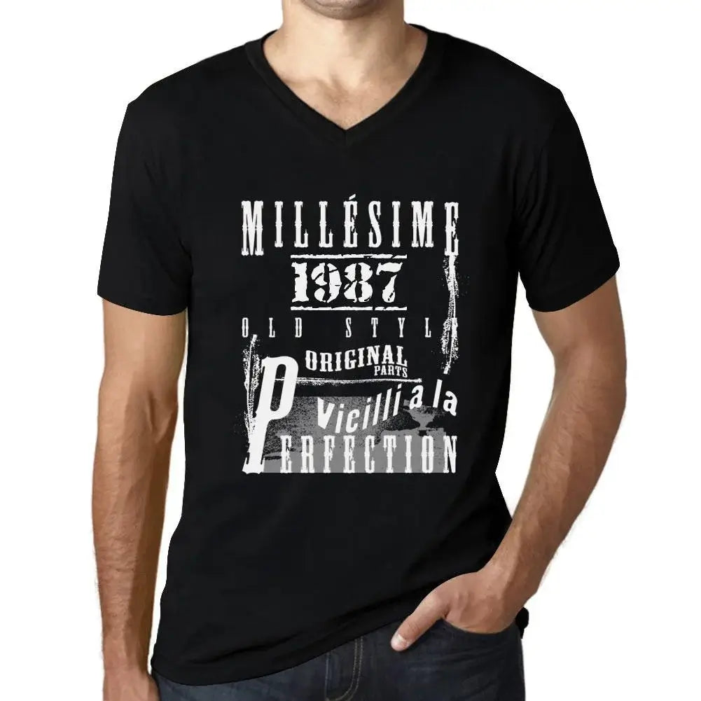 Men's Graphic T-Shirt V Neck Vintage Aged to Perfection 1987 – Millésime Vieilli à la Perfection 1987 – 37th Birthday Anniversary 37 Year Old Gift 1987 Vintage Eco-Friendly Short Sleeve Novelty Tee