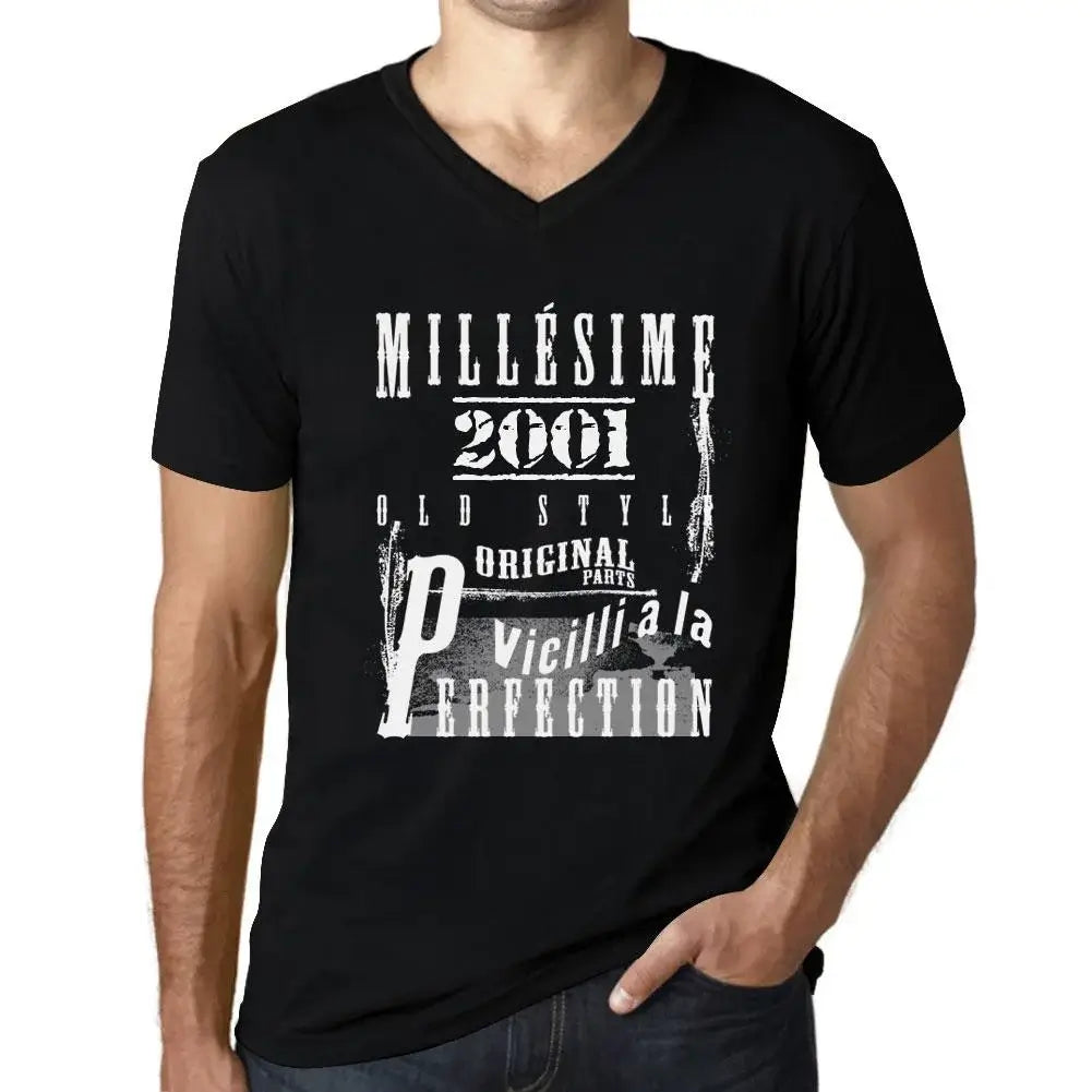 Men's Graphic T-Shirt V Neck Vintage Aged to Perfection 2001 – Millésime Vieilli à la Perfection 2001 – 23rd Birthday Anniversary 23 Year Old Gift 2001 Vintage Eco-Friendly Short Sleeve Novelty Tee