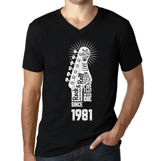 Men's Graphic T-Shirt V Neck Live Fast, Never Die Guitar and Rock & Roll Since 1981 43rd Birthday Anniversary 43 Year Old Gift 1981 Vintage Eco-Friendly Short Sleeve Novelty Tee