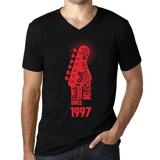 Men's Graphic T-Shirt V Neck Live Fast, Never Die Guitar and Rock & Roll Since 1997 27th Birthday Anniversary 27 Year Old Gift 1997 Vintage Eco-Friendly Short Sleeve Novelty Tee