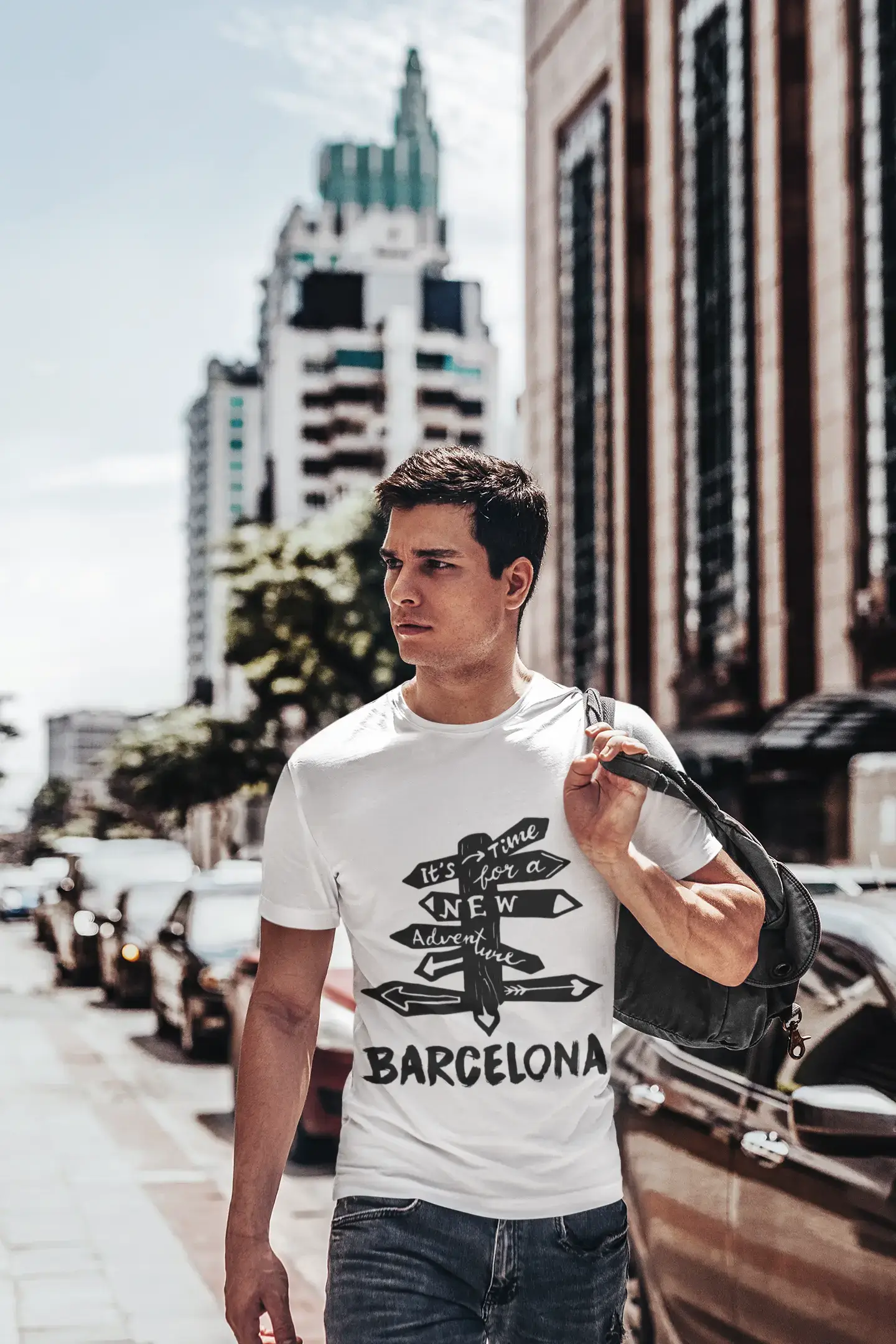 Men's Vintage Tee Shirt Graphic T shirt Time For New Advantures Barcelona White Round Neck