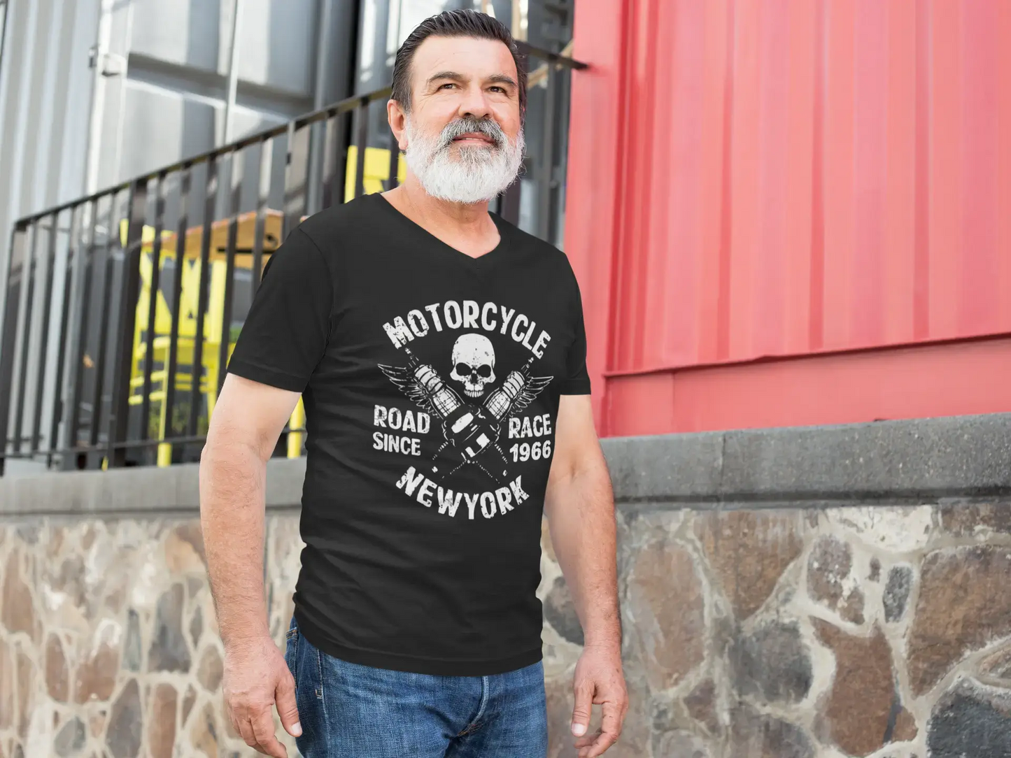 Men's Graphic V-Neck T-Shirt Motorcycle Race Since 1966 Deep Black
