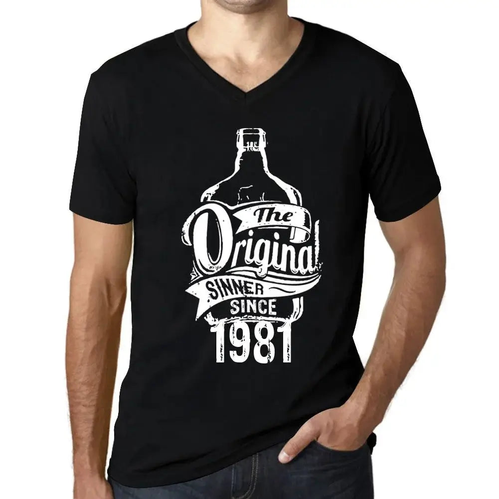 Men's Graphic T-Shirt V Neck The Original Sinner Since 1981 43rd Birthday Anniversary 43 Year Old Gift 1981 Vintage Eco-Friendly Short Sleeve Novelty Tee