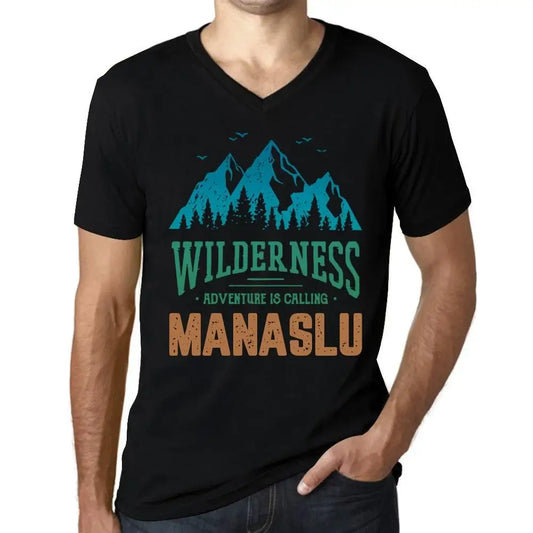 Men's Graphic T-Shirt V Neck Wilderness, Adventure Is Calling Manaslu Eco-Friendly Limited Edition Short Sleeve Tee-Shirt Vintage Birthday Gift Novelty