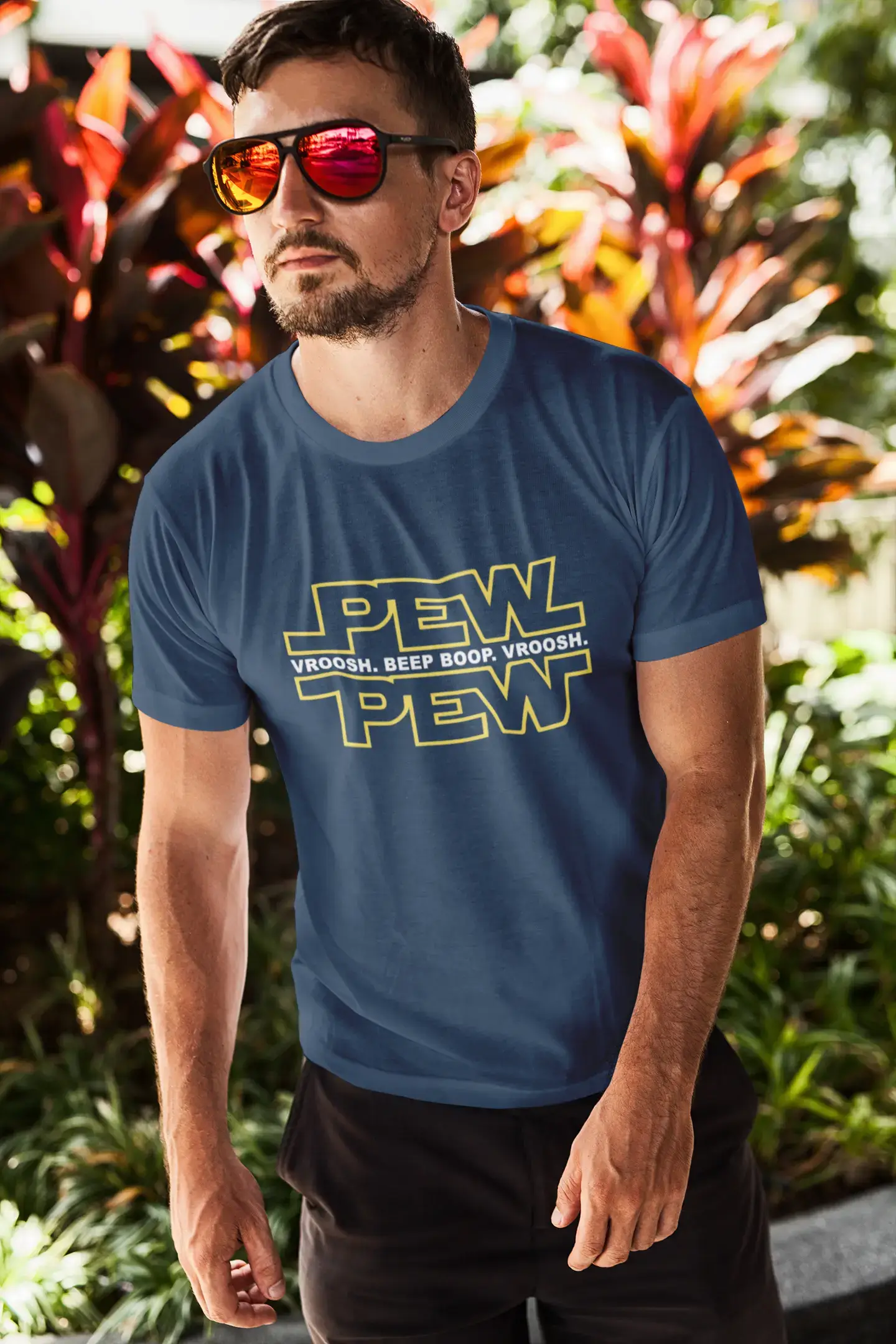 Graphic Men's Pew Pew T-Shirt Lemon Letter Print Tee French Navy
