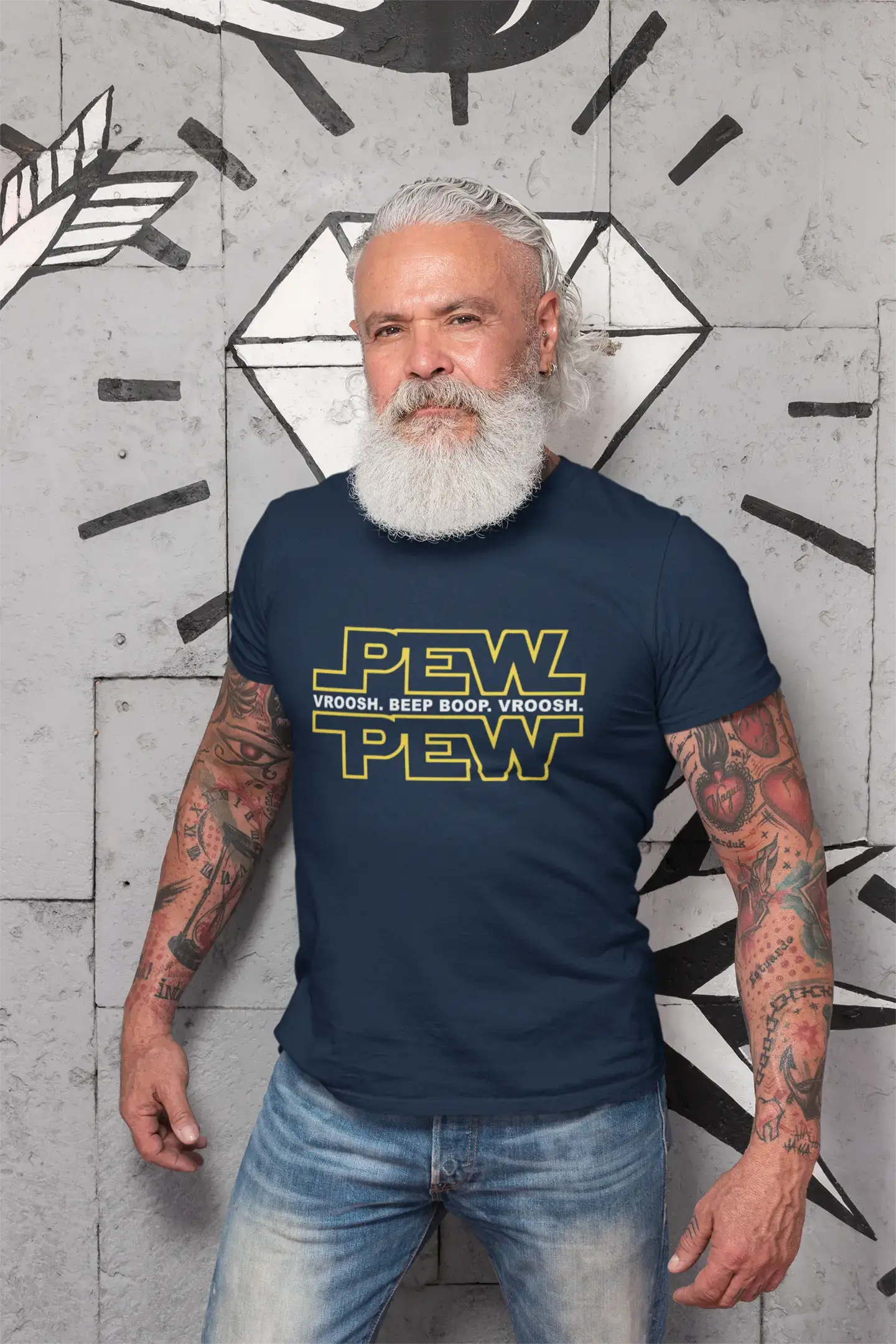 Graphic Men's Pew Pew T-Shirt Lemon Letter Print Tee French Navy
