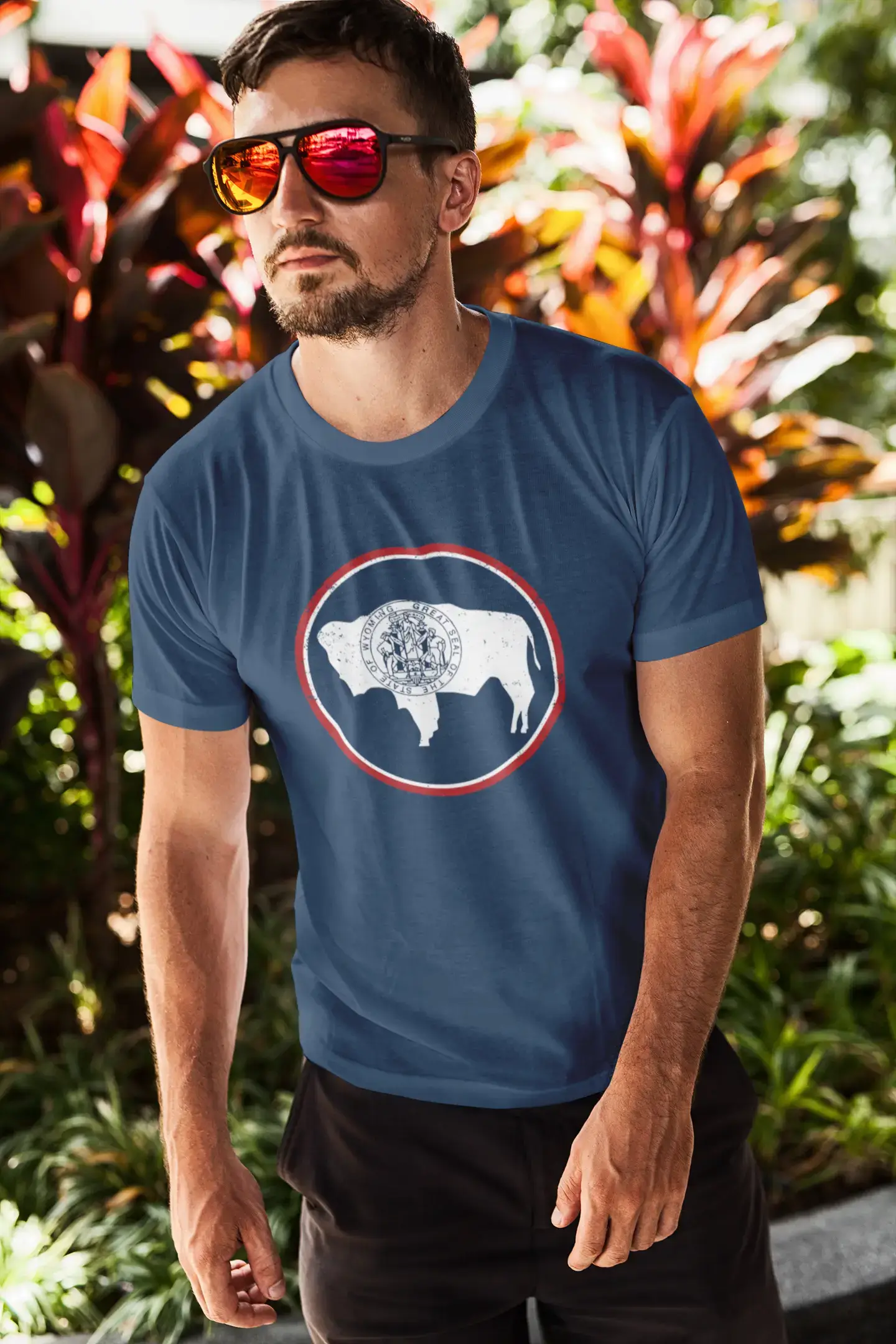Graphic Men's Wyoming Flag T-Shirts White Print Tee French Navy