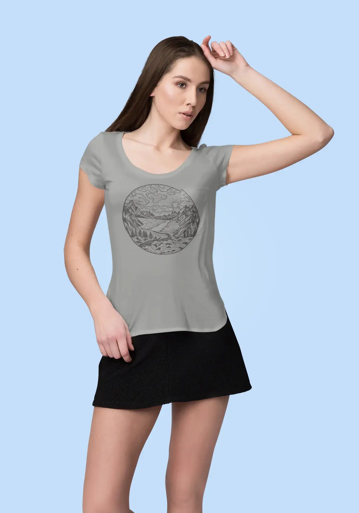 ULTRABASIC - Graphic Printed Women's River Mountain and Forest T-Shirt Grey Marl