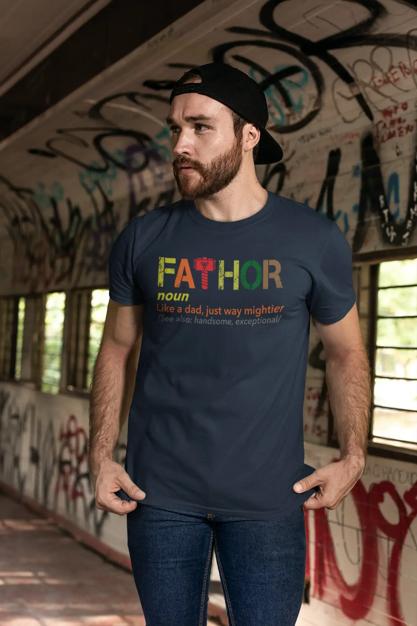 ULTRABASIC - Graphic Men's Fa-Thor Like Dad Just Way Mightier Shirt Printed Letters Military Green