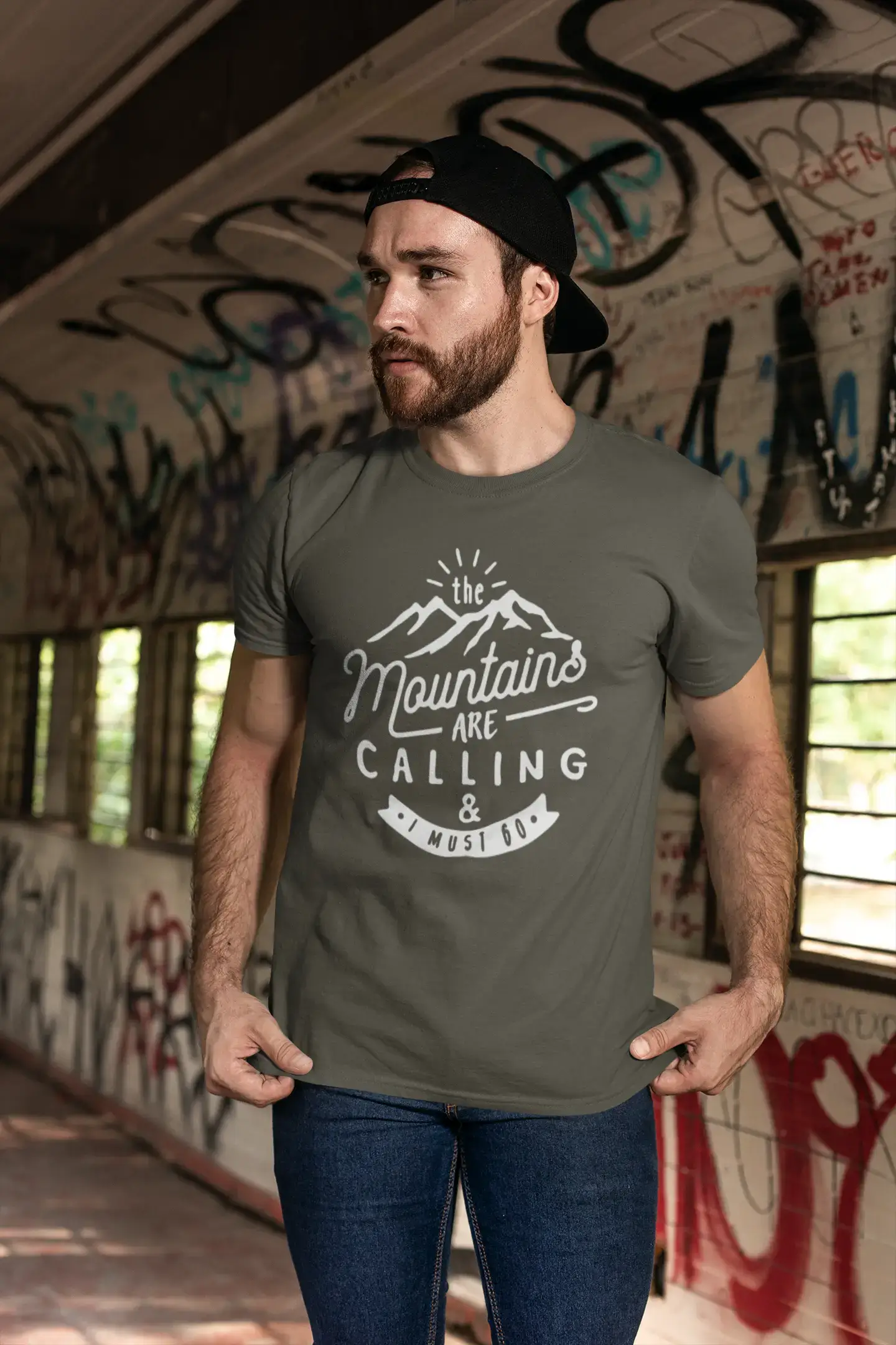 ULTRABASIC - Graphic Printed Men's The Mountains Are Calling And I Must Go Hiking Tee Grey Marl