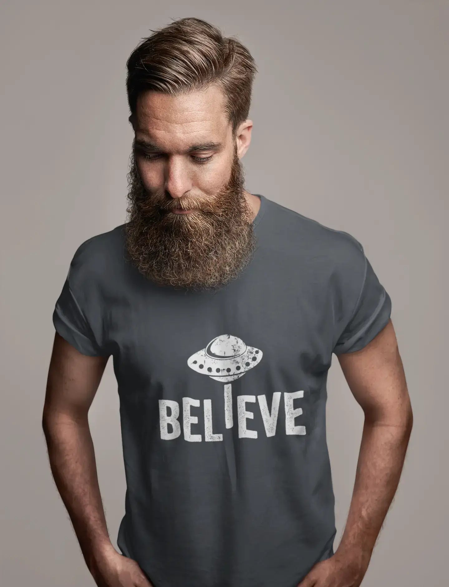 ULTRABASIC - Graphic Men's Believe UFO Alien T-Shirt Funny Casual Letter Print Tee Grey Marl