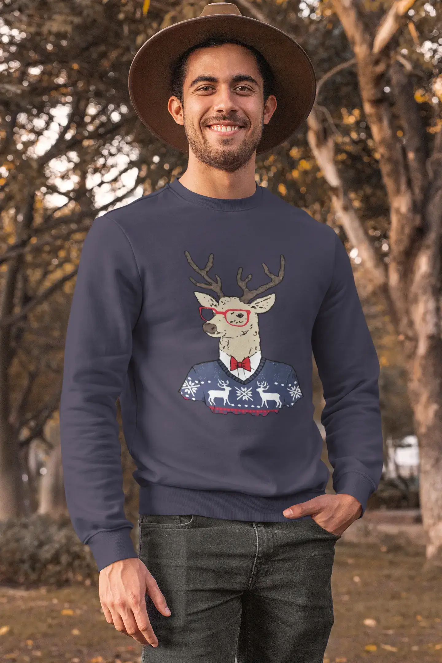 ULTRABASIC - Men's Printed Graphic Sweatshirt Christmas Deer Deep Black