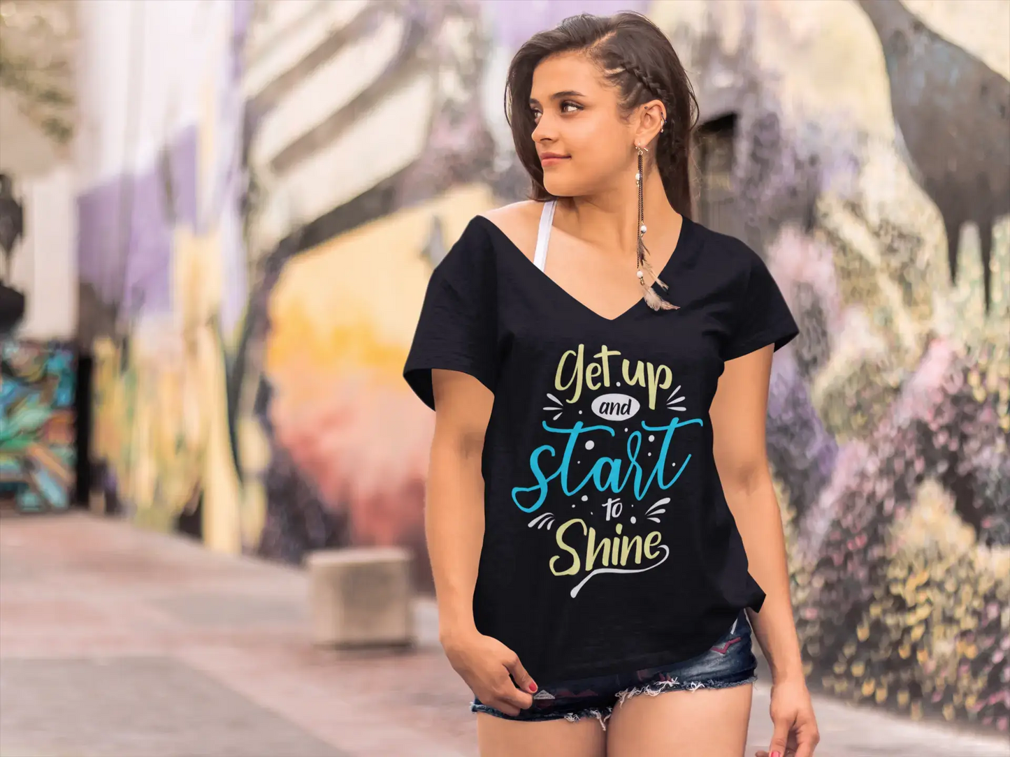 ULTRABASIC Women's T-Shirt Get Up and Start to Shine - Motivational Quote Shirt