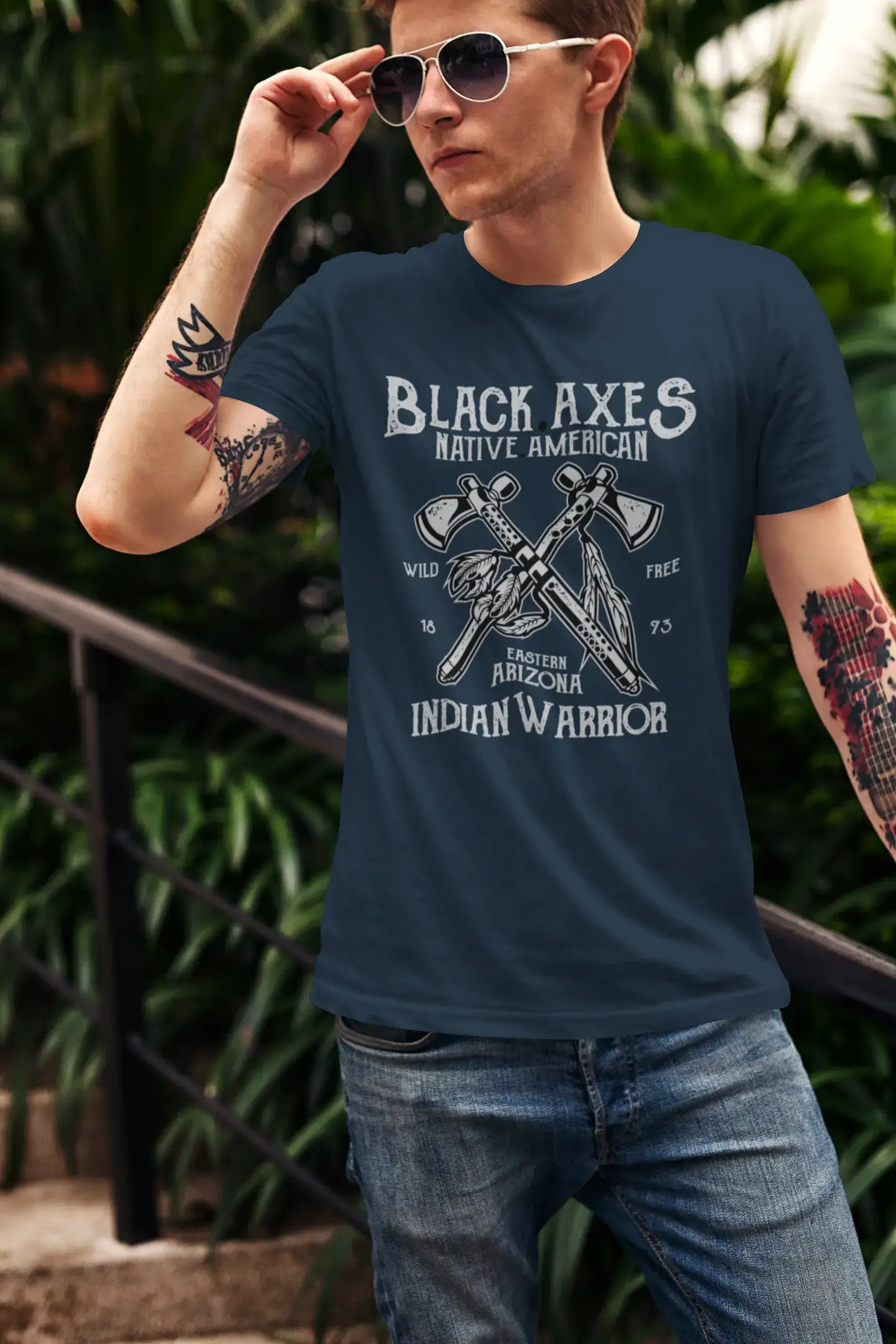 ULTRABASIC Men's T-Shirt Native American Black Axes - Indian Warrior Shirt for Men