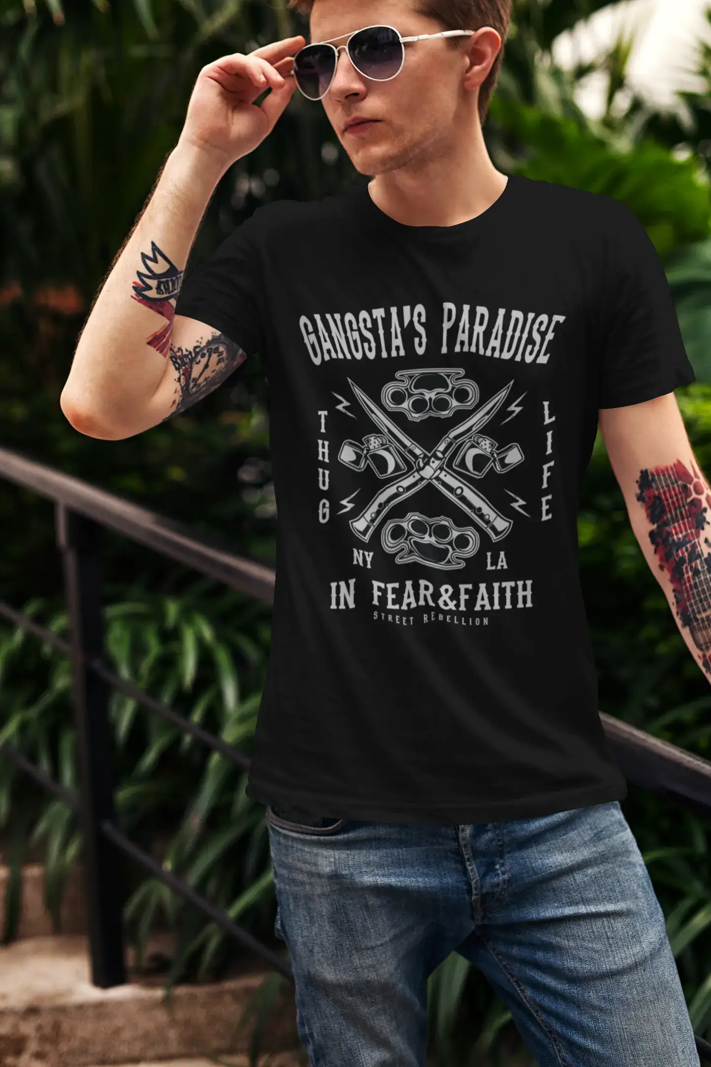 ULTRABASIC Men's T-Shirt Gangsta's Paradise in Fear and Faith - Thug Life NY LA Tee Shirt