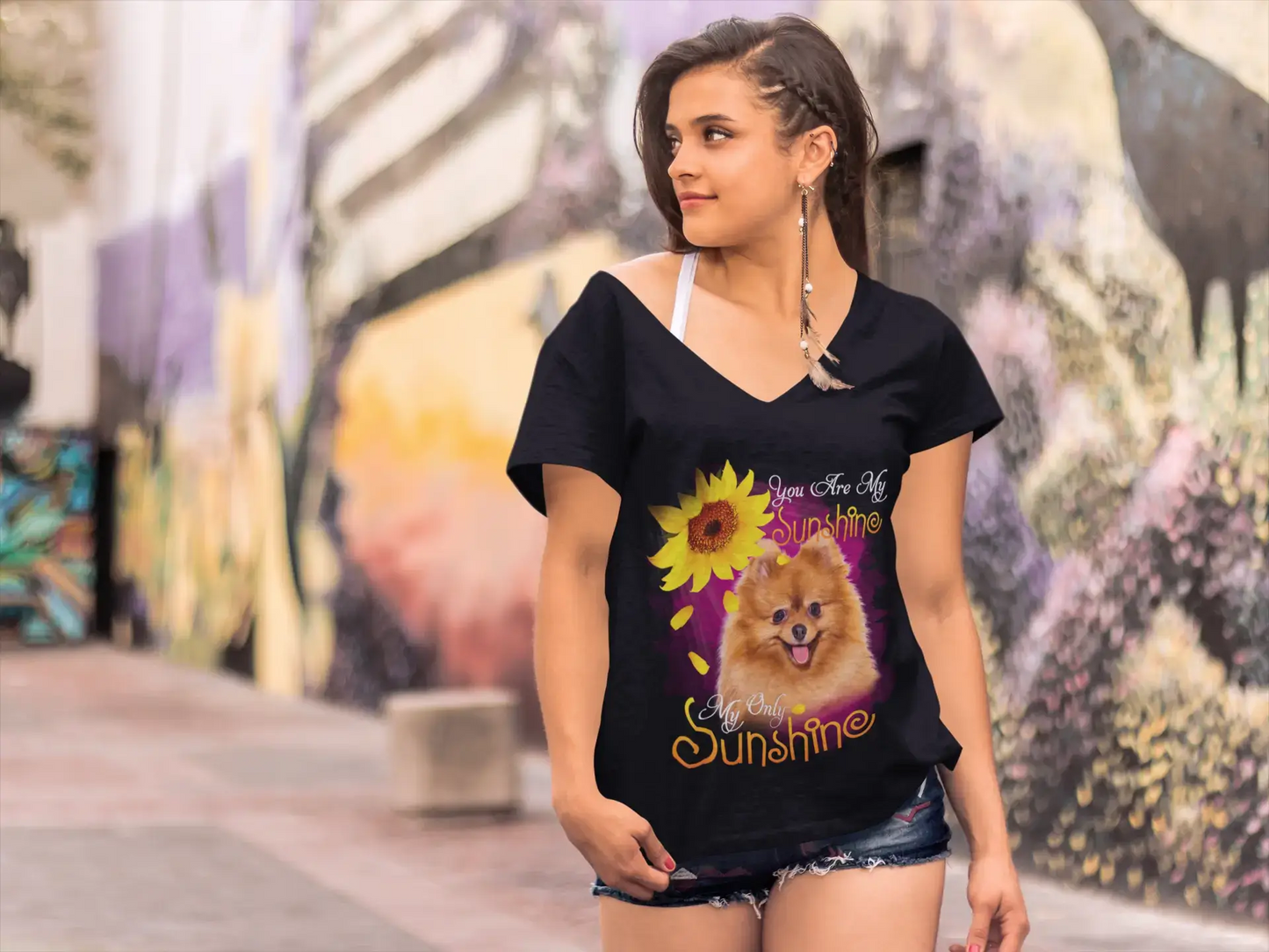 ULTRABASIC Women's V-Neck T-Shirt My Only Sunshine - Pomeranian - Vintage Shirt