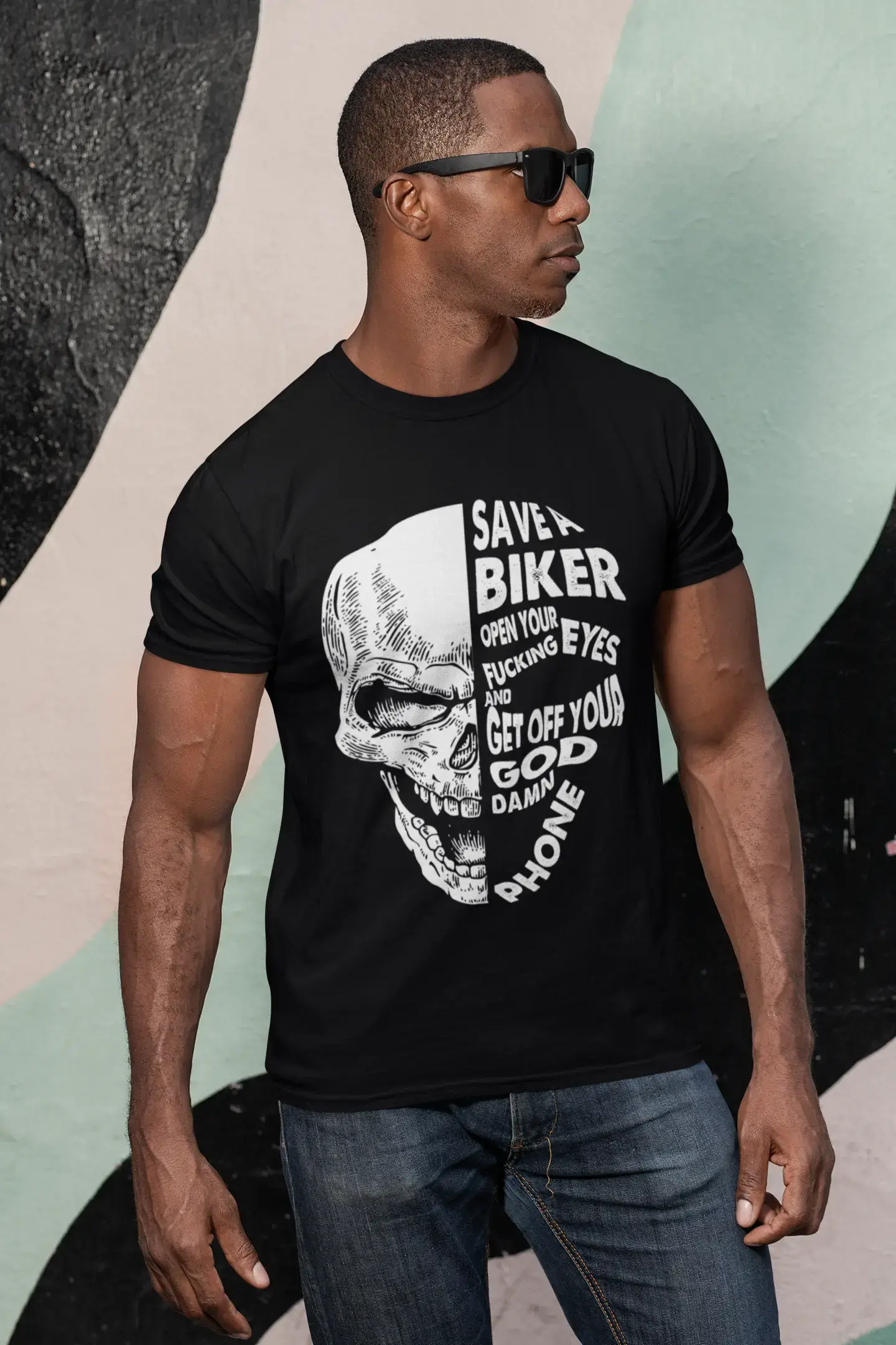 ULTRABASIC Men's Graphic T-Shirt Save a Biker Open Your Eyes - Biker Mind - Scary Skull