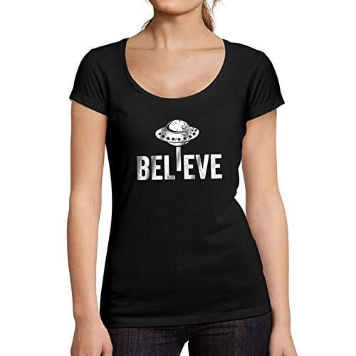 Ultrabasic - Tee-Shirt Femme col Rond Décolleté Believe UFO Alien Noir Profond
