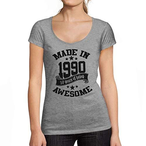Ultrabasic - Tee-Shirt Femme Col Rond Décolleté Made in 1990 Idée Cadeau T-Shirt pour Le 30e Anniversaire Gris Chiné