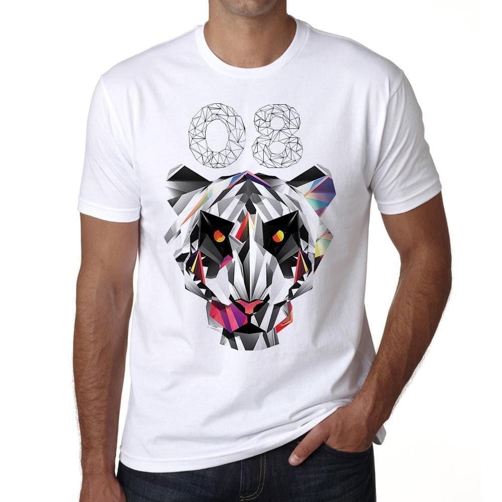 Geometric Tiger Number 08, White, Men's Short Sleeve Round Neck T-shirt 00282