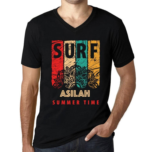 Men&rsquo;s Graphic T-Shirt V Neck Surf Summer Time ASILAH Deep Black - Ultrabasic