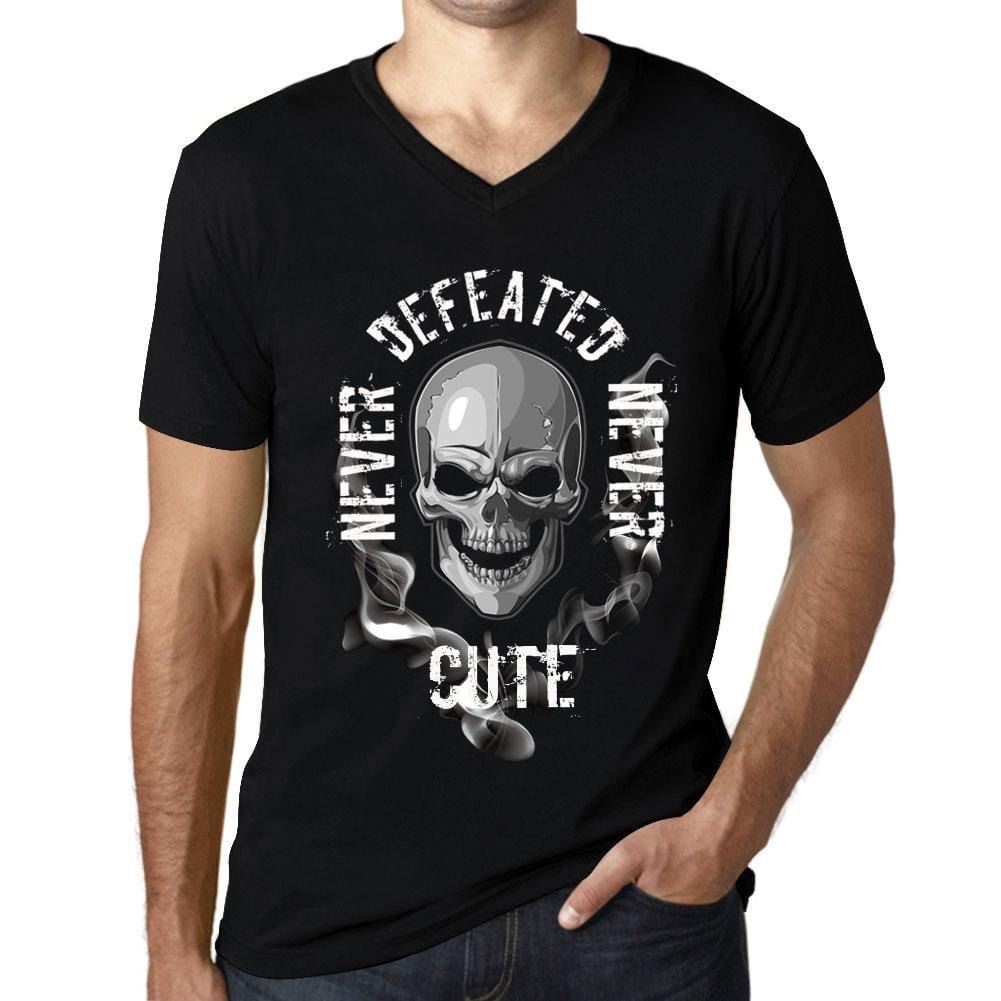 Men&rsquo;s Graphic V-Neck T-Shirt Never Defeated, Never CUTE Deep Black - Ultrabasic