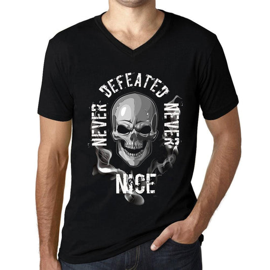 Men&rsquo;s Graphic V-Neck T-Shirt Never Defeated, Never NICE Deep Black - Ultrabasic