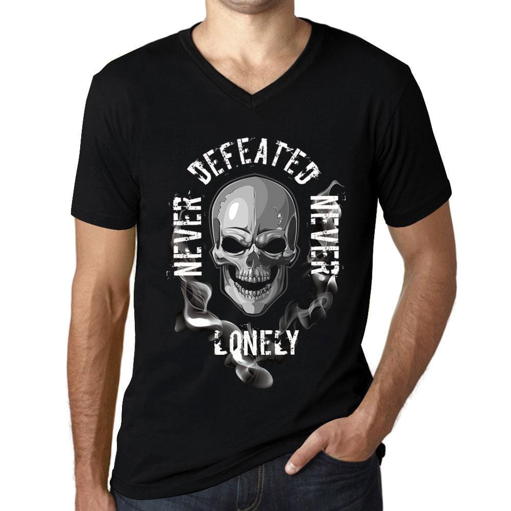 Men&rsquo;s Graphic V-Neck T-Shirt Never Defeated, Never LONELY Deep Black - Ultrabasic