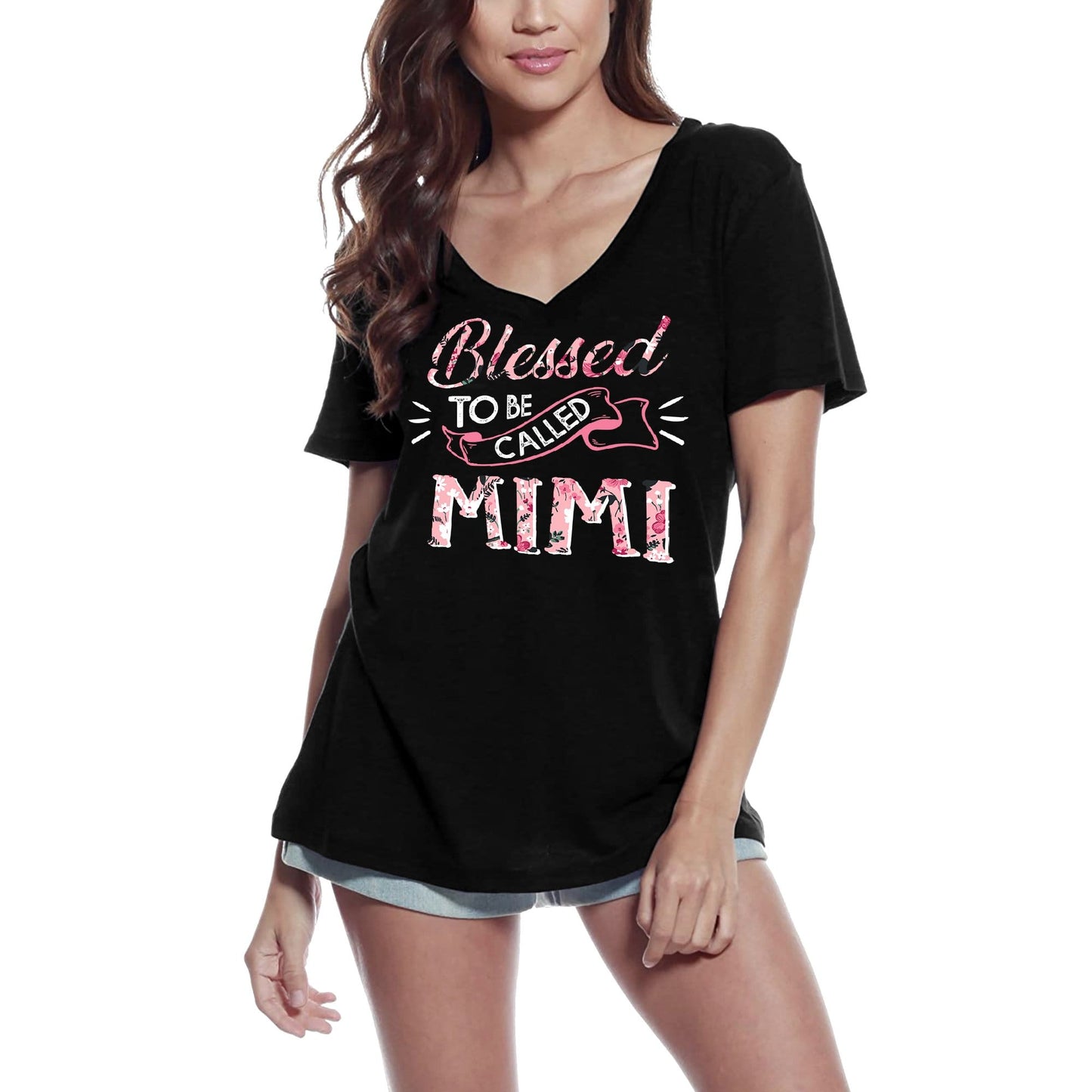 ULTRABASIC Women's V-Neck T-Shirt Blessed to be Called Mimi - Nana Gram Granny Grandmother Tee Shirt