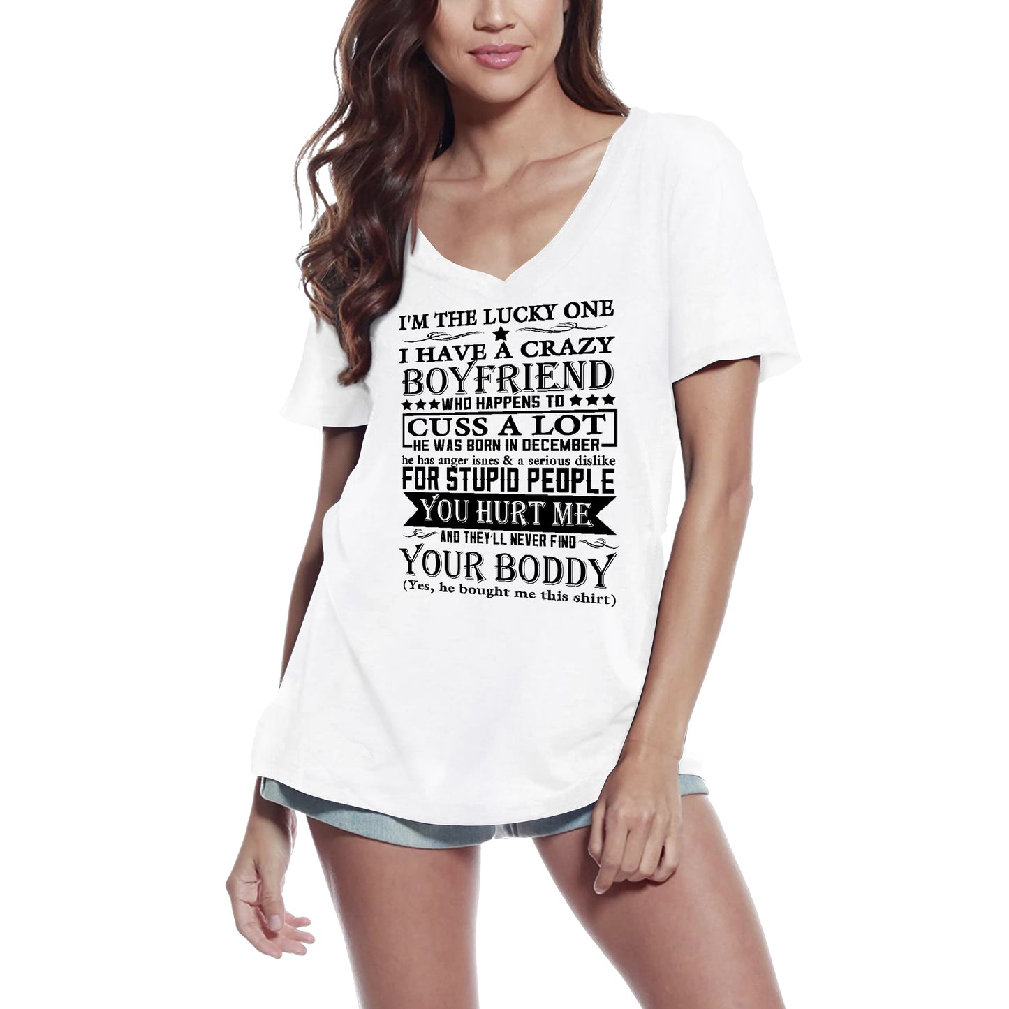 ULTRABASIC Women's V Neck T-Shirt Boyfriend Born In December - Birthday Quote