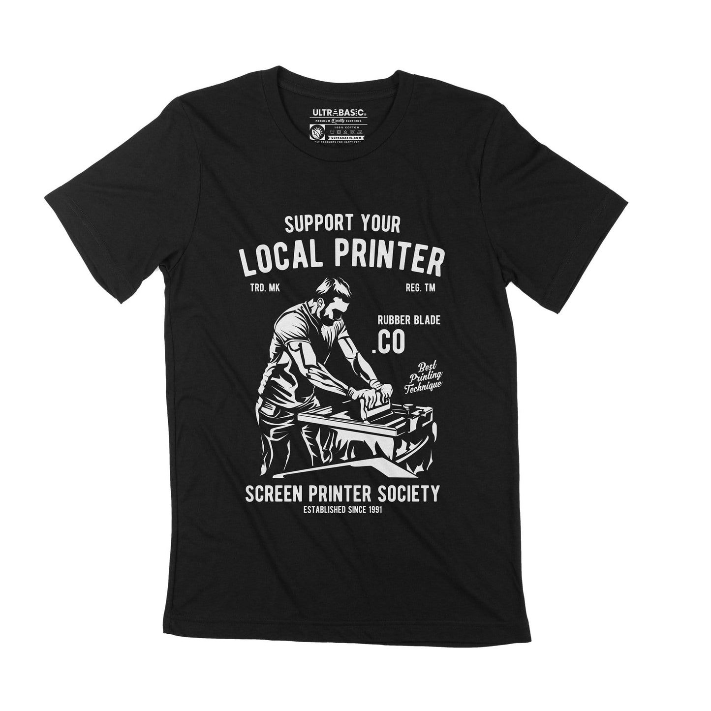 ULTRABASIC Support Your Local Printer Men's T-Shirt - Screen Printer Society silkscreen logo birthday gifts ideas short sleeve  tshirts tees youth apparel unisex merchandise clothing men outdoor printing guy funny job artist adult squeegee fighter printing community vintage womens printed modern clothes boys stylish