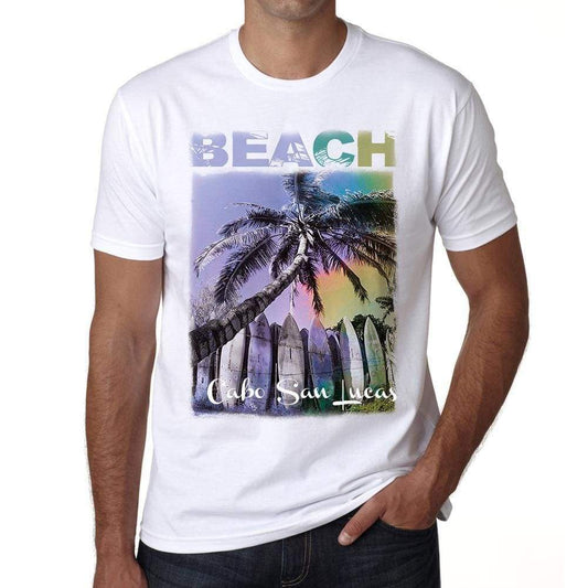 Cabo San Lucas Beach Palm White Mens Short Sleeve Round Neck T-Shirt - White / S - Casual