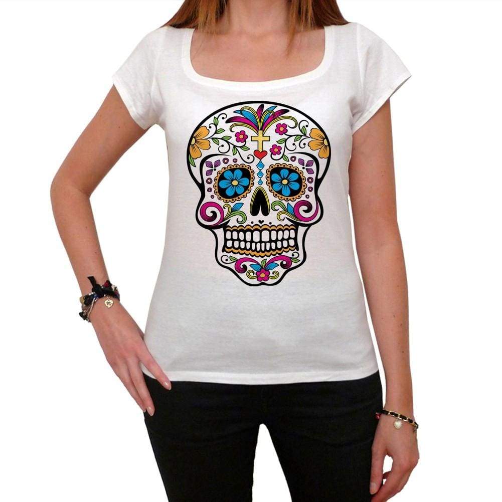 Day Of The Dead Skull White 1 White Womens T-Shirt 100% Cotton 00188