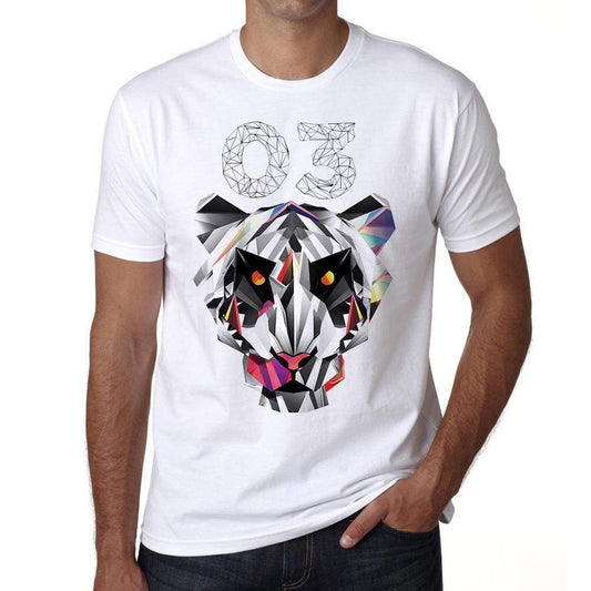 Geometric Tiger Number 03 White Mens Short Sleeve Round Neck T-Shirt 00282 - White / S - Casual