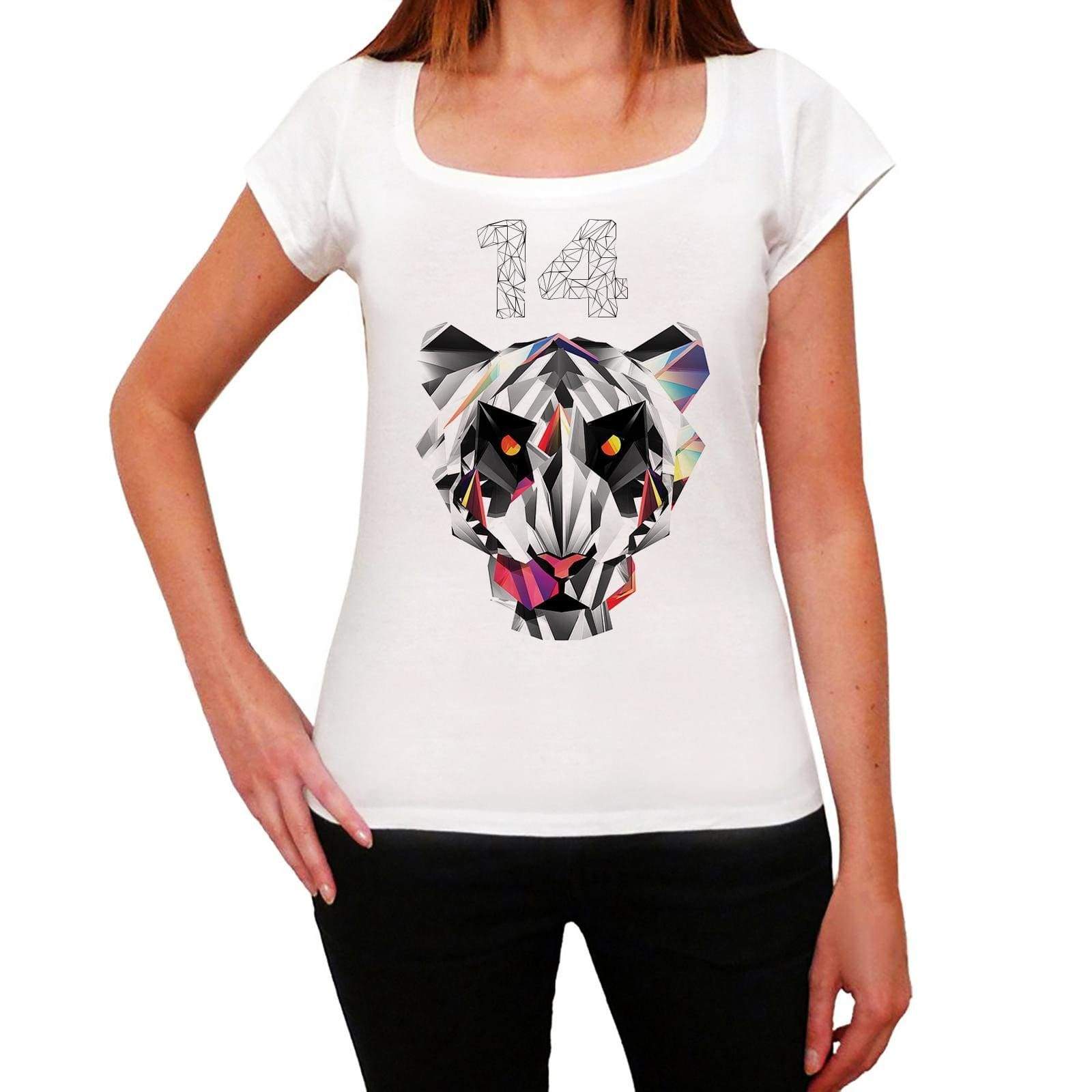 Geometric Tiger Number 14 White Womens Short Sleeve Round Neck T-Shirt 00283 - White / Xs - Casual