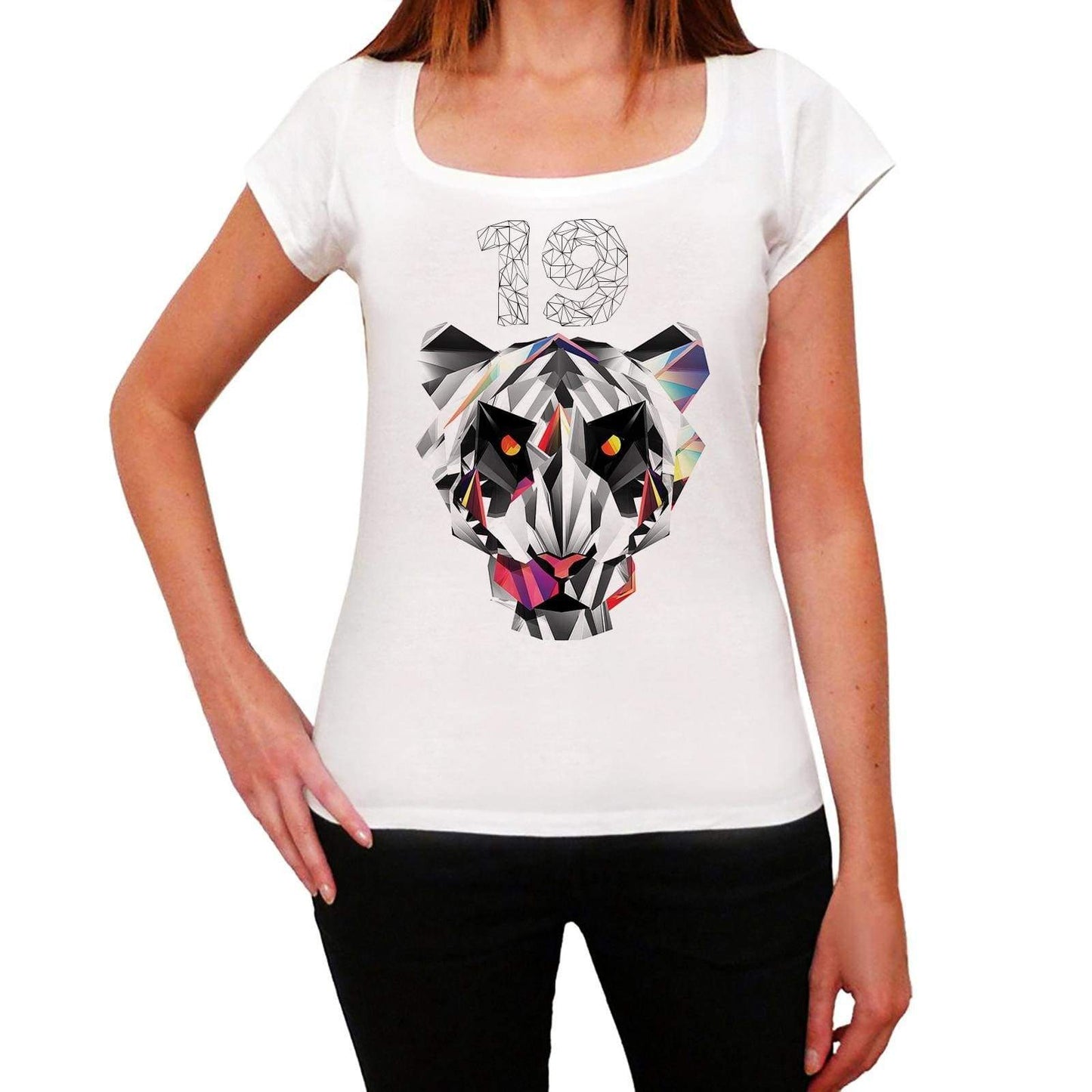 Geometric Tiger Number 19 White Womens Short Sleeve Round Neck T-Shirt 00283 - White / Xs - Casual