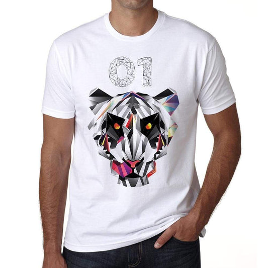 Geomtric Tiger Number 01 White Mens Short Sleeve Round Neck T-Shirt 00282 - White / S - Casual