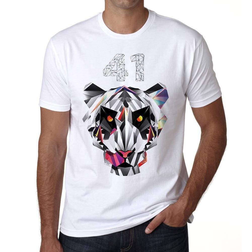 Geomtric Tiger Number 41 White Mens Short Sleeve Round Neck T-Shirt 00282 - White / S - Casual