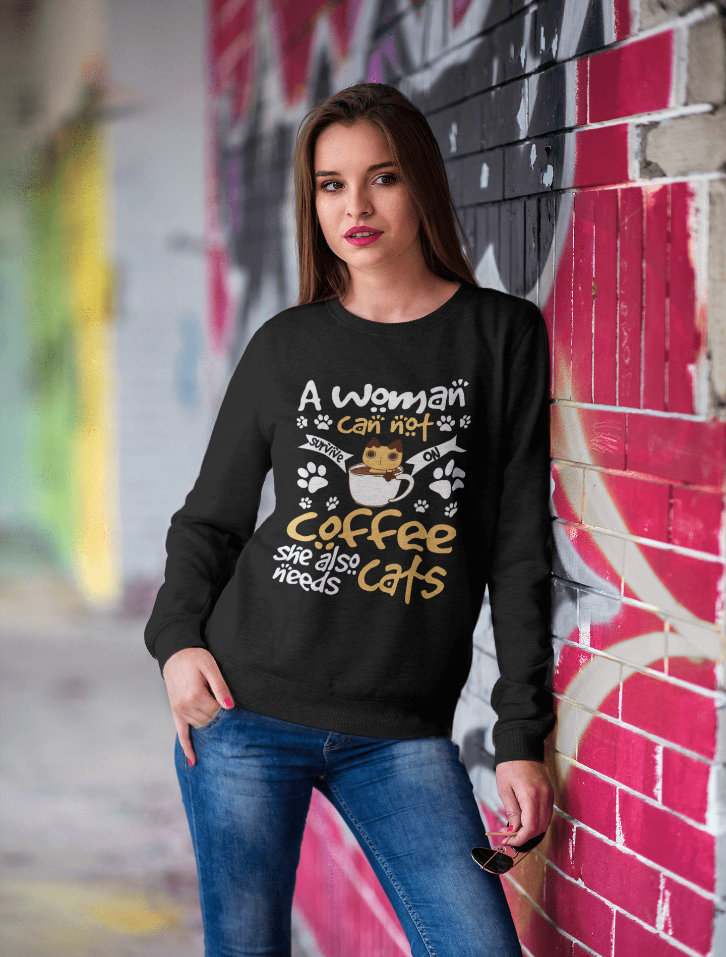 ULTRABASIC Women's Sweatshirt Can Not Survive on Coffee She Also Need Cats - Funny Kitty Sweater