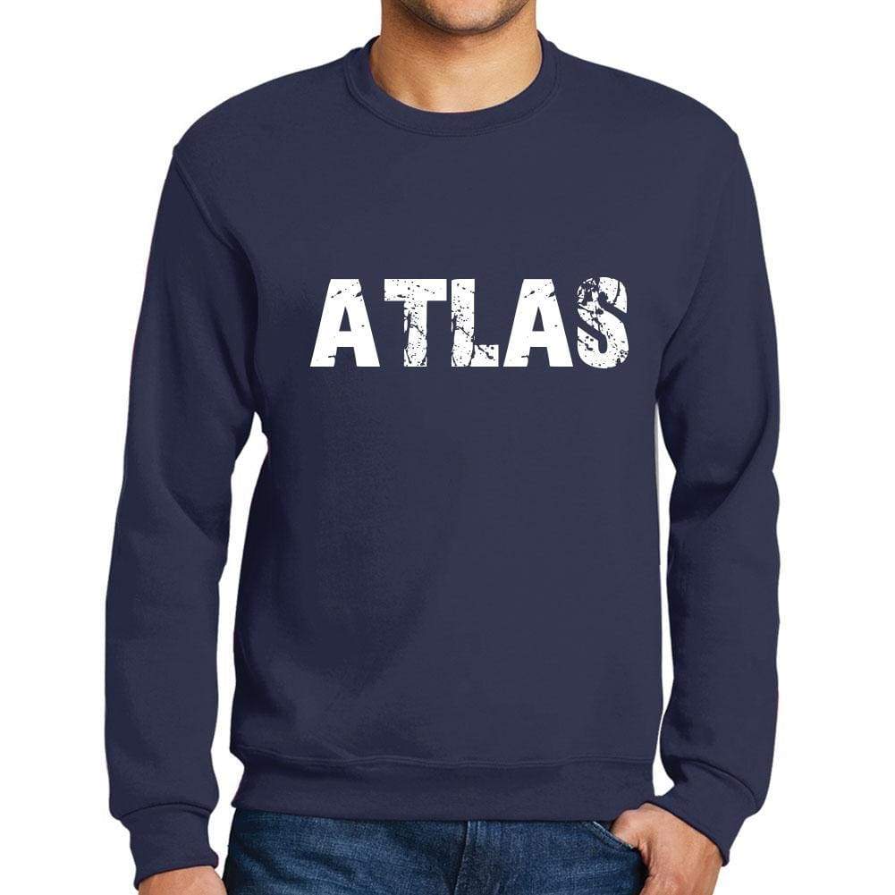 Mens Printed Graphic Sweatshirt Popular Words Atlas French Navy - French Navy / Small / Cotton - Sweatshirts