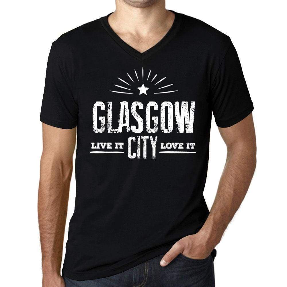 Mens Vintage Tee Shirt Graphic V-Neck T Shirt Live It Love It Glasgow Deep Black - Black / S / Cotton - T-Shirt
