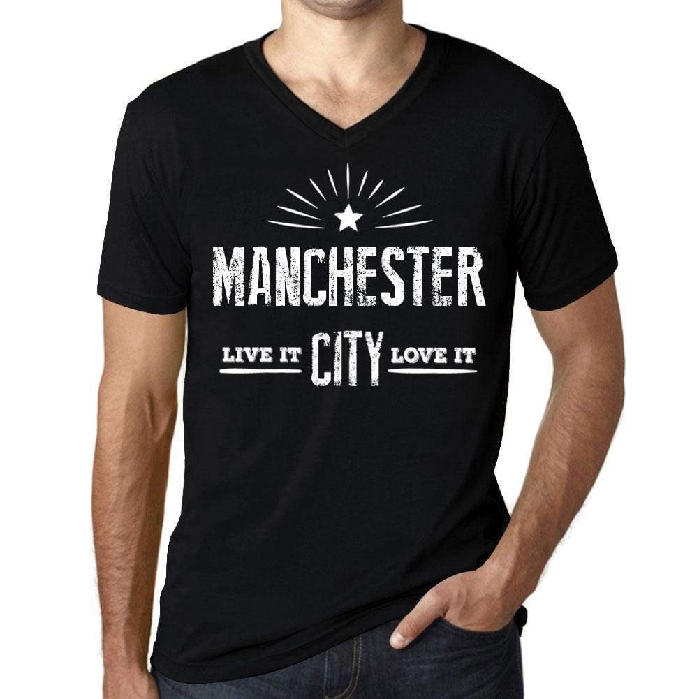 Mens Vintage Tee Shirt Graphic V-Neck T Shirt Live It Love It Manchester Deep Black - Black / S / Cotton - T-Shirt