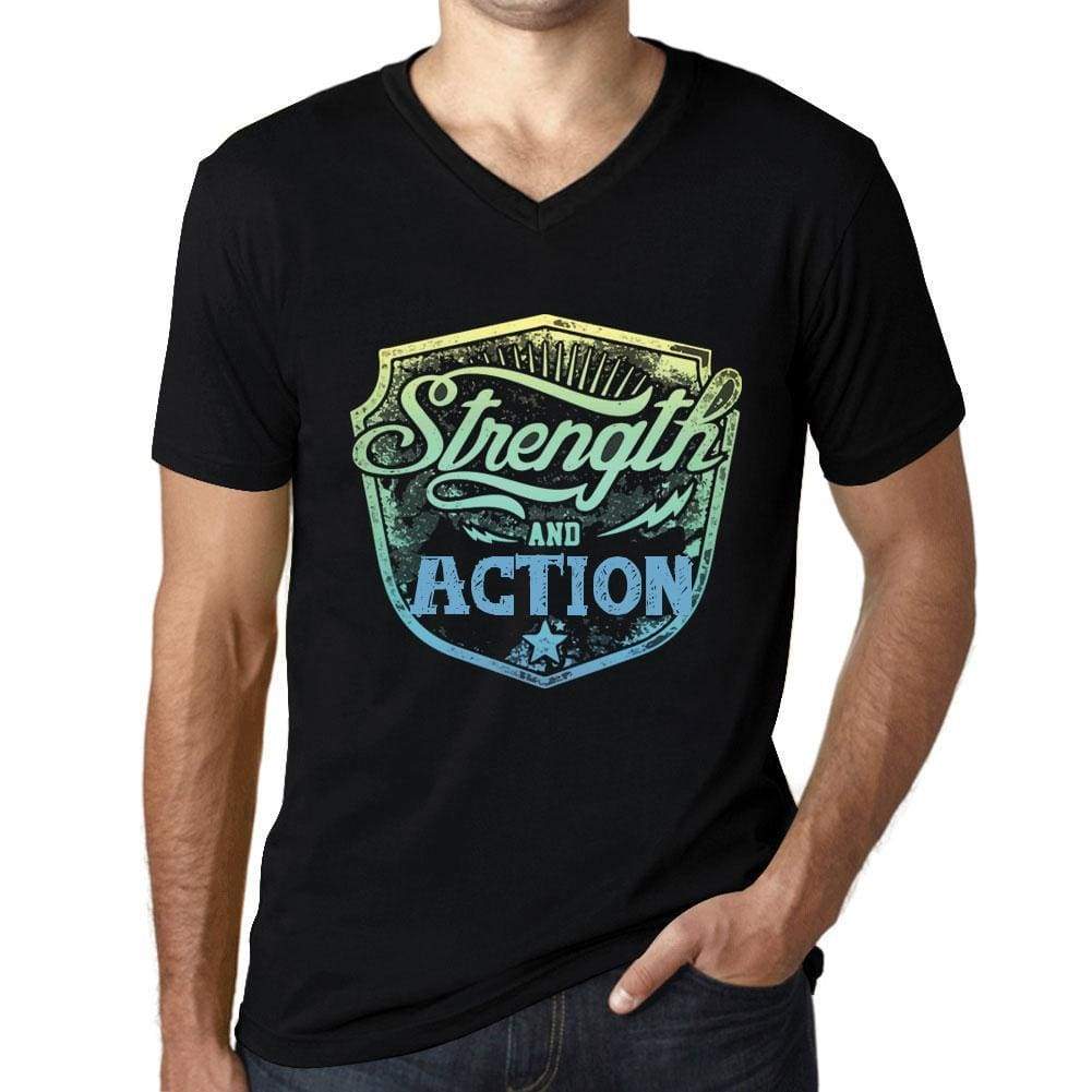 Mens Vintage Tee Shirt Graphic V-Neck T Shirt Strenght And Action Black - Black / S / Cotton - T-Shirt