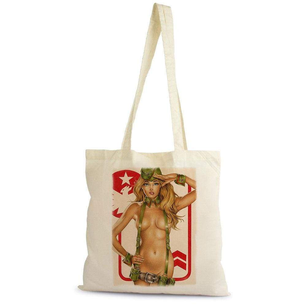 Pin-Up Soldier Tote Bag Shopping Natural Cotton Gift Beige 00272 - Beige - Tote Bag