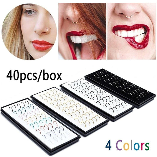 (40pcs/box) Fashion Body Jewelry 9*0.6mm Colorful Stainless Steel Nose Hoop Nose Ring Stud Punk Style Body Piercing Jewelry