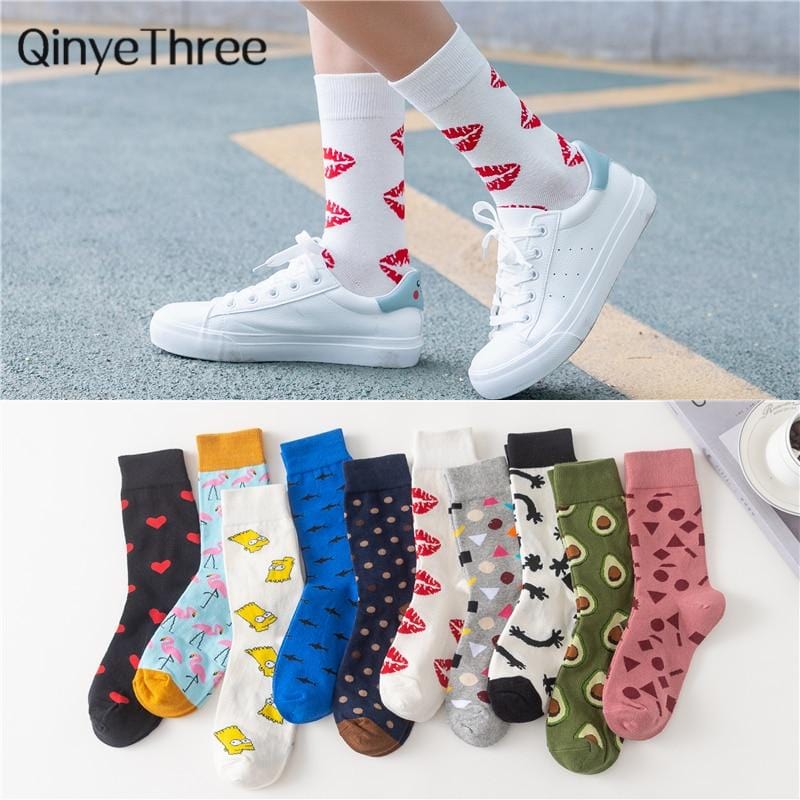 Women's Japanese Colorful Cartoon Mid Tube Socks Unisex Cute Funny Happy Red lip Heart Avocado Flamingo Socks Christmas Gift