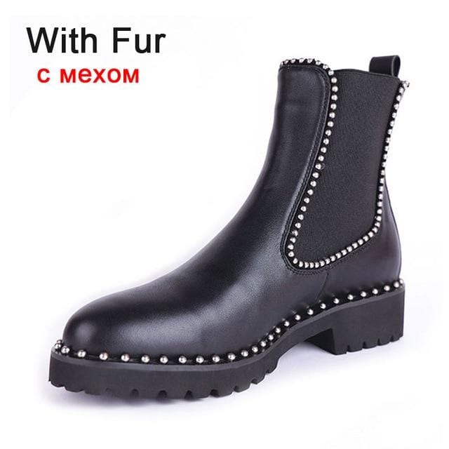 Taoffen British Style Ankle Boots Women Genuine Leather Elastic Band Flats Shoes Rivets Round Toe Women Footwear Size 33-43