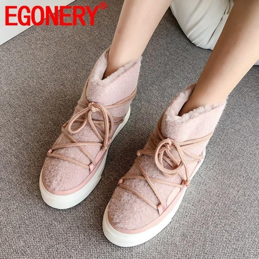 EGONERY cute wool snow boots 34-42 plus size 2019 winter fashion women's flats shoes pink apricot black ankle boots dropshipping