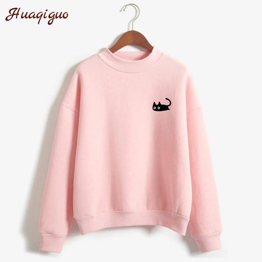 Kpop Autumn Casual Harajuku Kawaii Black Cat Sweatshirts Women Long Sleeve Turtleneck Tops Pullover Funny Cartoon Print Hoodies
