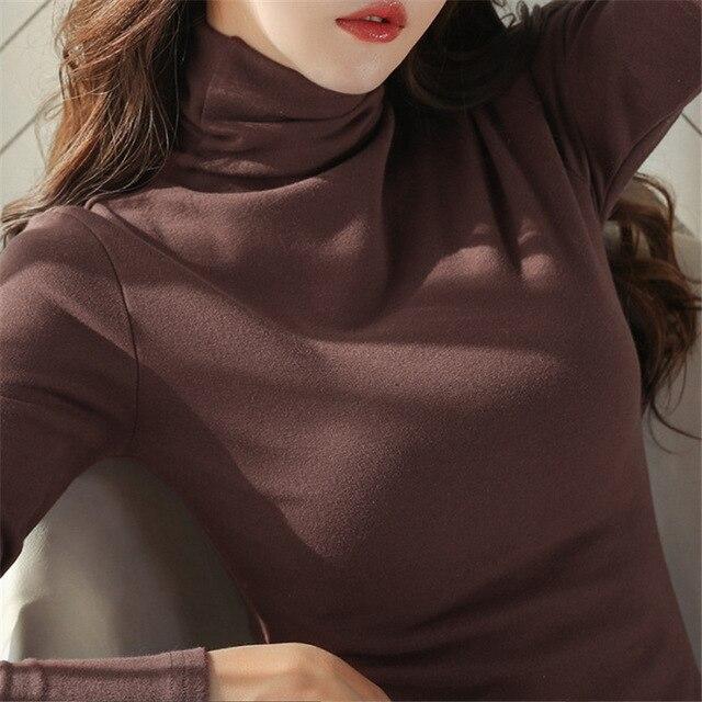 Autumn High collar bottoming shirt female long-sleeved t-shirt solid color Korean women's warm Slim female wild shirt plus size